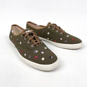 Keds Champion Sneaker Womens 10 Olive Green Floral Embroidery NEW